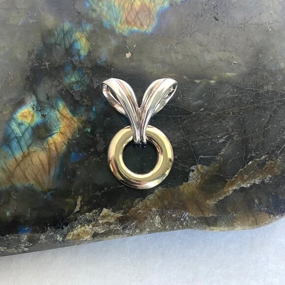 Sterling Silver 925 Vermeil Two Tone Round Slide Pendant Necklace Herringbone - Picture 13 of 16